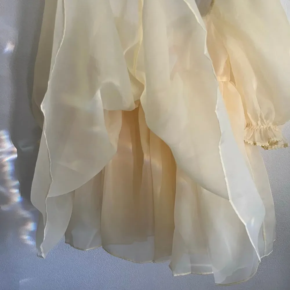 Selkie Baby Banana Puff Sleeve Layered Organza Mini Dress NWT